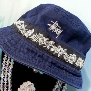 Stussy Vintage Blue Cotton Bucket Hat Sm/M MADE IN USA Tropical flower Band